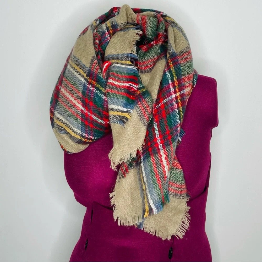 Vintage plaid multicolor blanket scarf fringe detailing perfect for Fall Winter